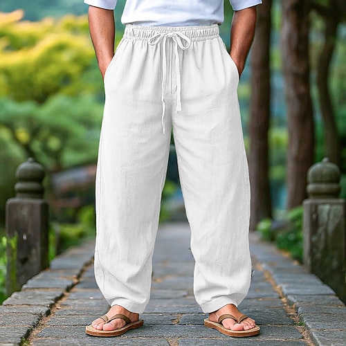 Herren Leinenhosen Hose Sommerhose Strandhose Kordelzug Elastischer Bund Falten Einfach Komfort Atmungsaktiv Volle Länge Outdoor Lässig Täglich Urlaub Mode Schwarz Weiß Unelastisch Image