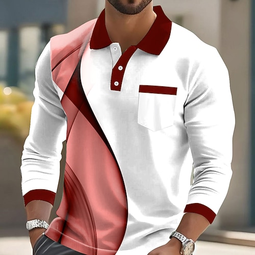 Herren Geometrisch Polo Langarm Polo-Shirts Revers Lässig Business-Casual Athleisure Alltagskleidung Tasche 3D-Druck Knöpfe Frühling Herbst Meerblau Schwarz Weiß Image