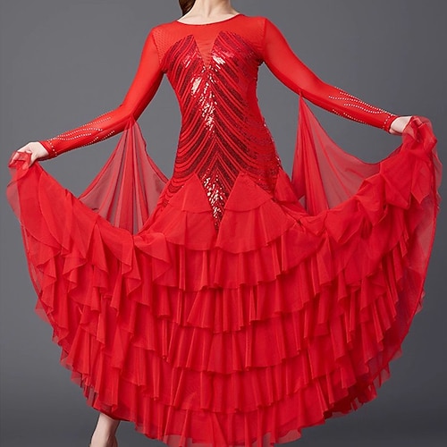 Gesellschaftstanz Kleid Pailletten Damen Leistung Party Langarm Leinen Baumwoll Mischung Image