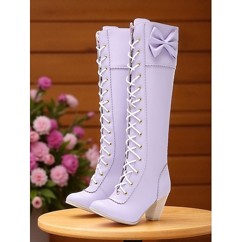 Braune Damen-Kniestiefel mit Schnürung, Schleife und Blockabsatz – viktorianische und edwardianische Vintage-Lolita-Cosplay-, Retro-Mode- und Partyschuhe Image