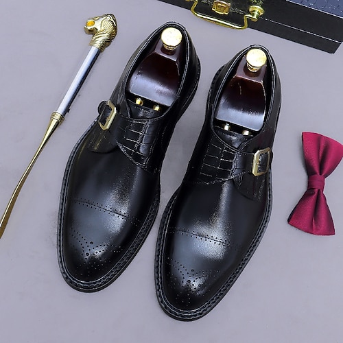 Schwarze Herrenschuhe mit Monkstrap aus echtem Leder – erste Schicht Rindsleder mit Krokodilstruktur und Brogue-Details, klassisches, formelles Business-Schuhwerk fürs Büro, Hochzeiten und berufliche Image
