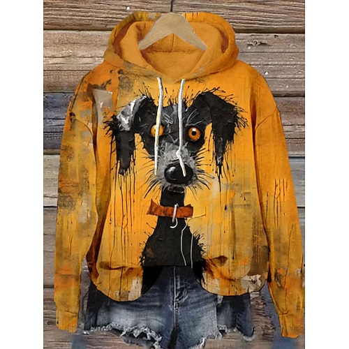 Damen Kapuzenshirts Patchwork Druck Grafik Tiermotiv Vintage Lässig Langarm Mit Kapuze Normale Oberteile Lässig Straße Ausgehen Blau Schwarz Gelb Orange Grün Frühling Herbst Winter Image