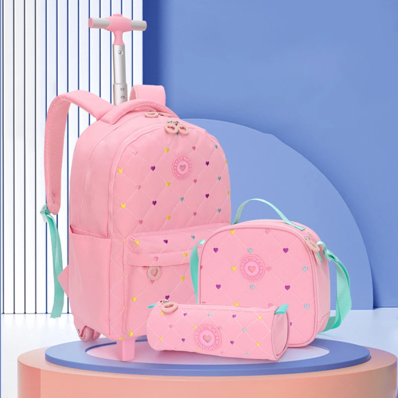3 pièces/ensemble enfants école sac à dos roulant sac à dos pour filles étudiants sacs à dos à roulettes chariot sac d'école avec roues livre sac