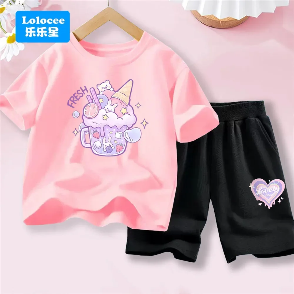 2025 Neues süßes Outfit mit Cartoon-Getränkedruck: Lolocee Kurzarm-Oberteil + Shorts, 2-teiliges Set, Sommer-Kinderbekleidung Image