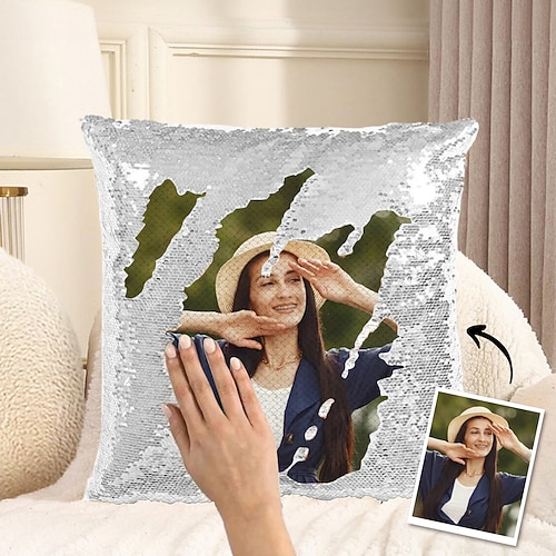 individuelles Foto-Paillettenkissen für Frauen, personalisierter Wendekissenbezug mit Ihrem Bild, einzigartiges Geschenk zum Geburtstag oder Valentinstag Image