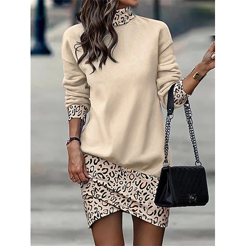 Damen Sweatshirtkleid Mini Kleid Wickelkleid Party Lässig Boho Formal Outdoor Zuhause Regulär Passform Einfarbig Geometrisch Karierte Langarm Rollkragen Schwarz Weiß Aprikose Frühling Herbst Winter Image