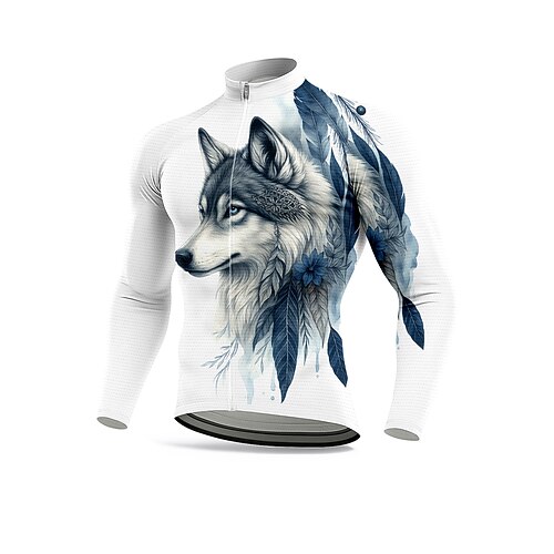 Herren Oberteile Radtrikot Grafik Wolf Tiermuster Druck Langarm Fahhrad Trikot Oberteil mit 3 Gesäßtaschen Sonne Sonnenschutz Schnelltrocknend Reflektierende Streifen Sport Blau Bekleidung