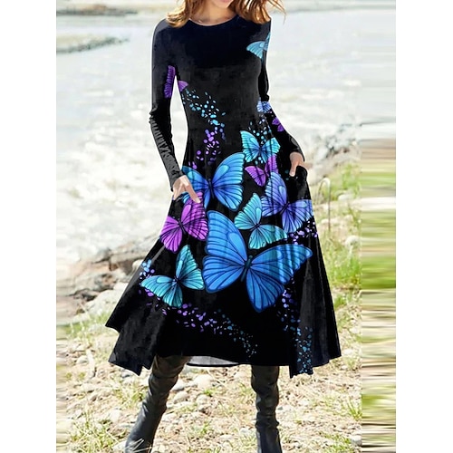 Damen Midikleid A Linie Kleid Figurbetontes Kleid Urlaub Lässig Täglich Normale Passform Grafik Geometrisch Langarm Rundhalsausschnitt Schwarz Weiß Rote Blau Sommer Frühling Herbst Winter Image