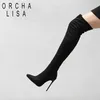 ORCHA LISA Winterschuhe für Damen, Stilettos, dünne Absätze, Overknee-Stiefel, spitze Zehen, gestreckter Reißverschluss, Oberschenkelhohe Stiefeletten, 15