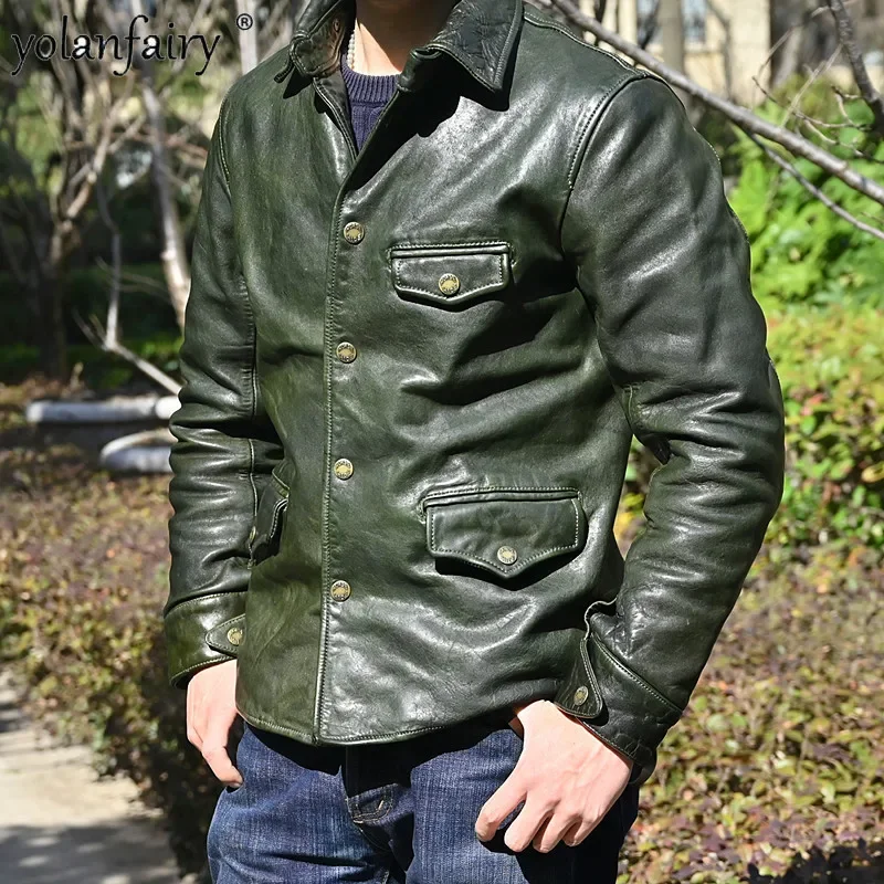 Echt Leder Jacke Männer der Herbst Japan Vintage Pferdeleder Mantel Alt und Schmutzig Retro Brakeman Jacke Trend Grün Chaquetas Hombre F