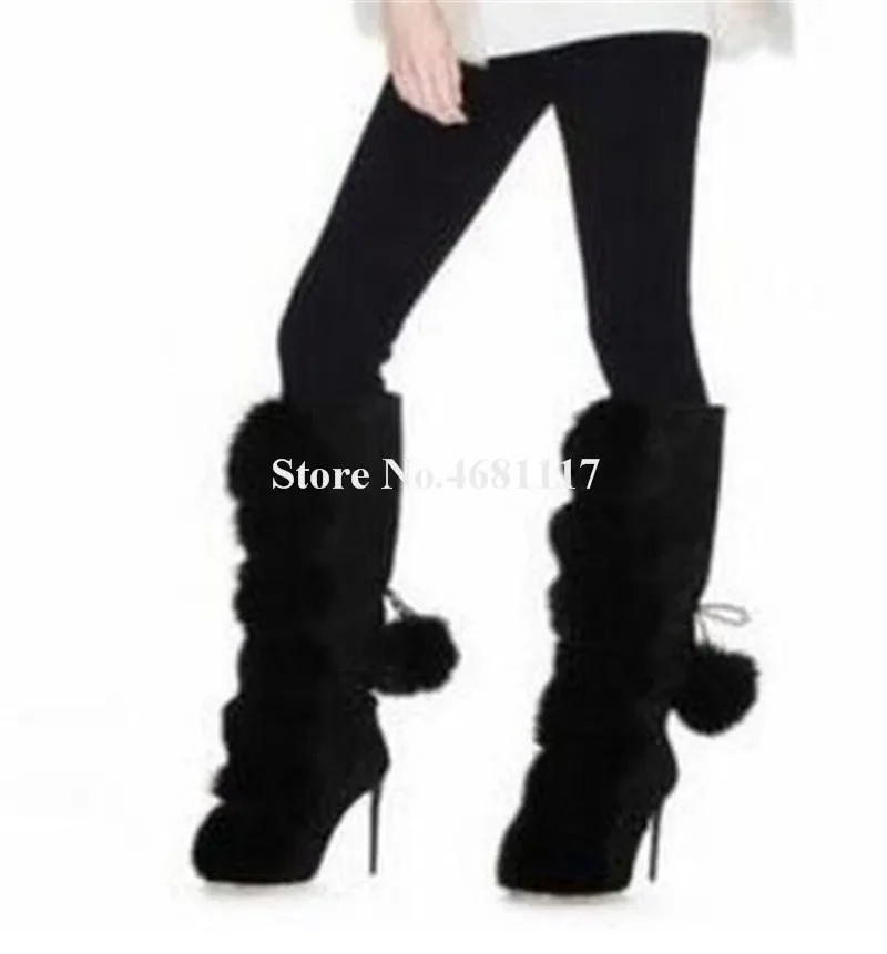 Flaumige kniehohe Stiefel mit runder Spitze, schwarzer Wildleder-Pelzkugel, Stiefel mit dünnem Absatz, Slip-On-Stiefel mit Schnürung und hohem Absatz, modische Winter-Stiefel für Damen Image