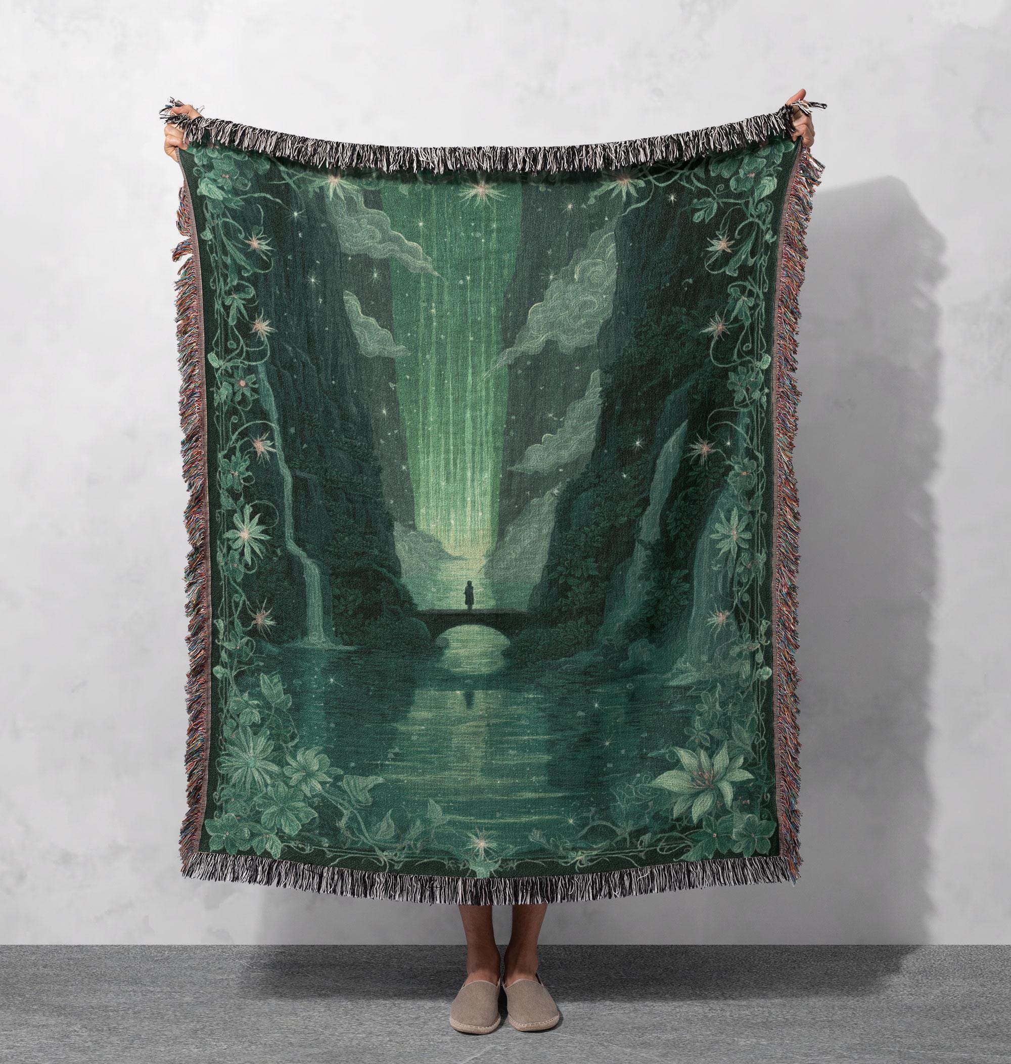 Coperta tessuta con scena di natura mistica, 100% cotone, coperta tessuta con paesaggio di foresta incantata, coperta tessuta con paesaggio notturno c