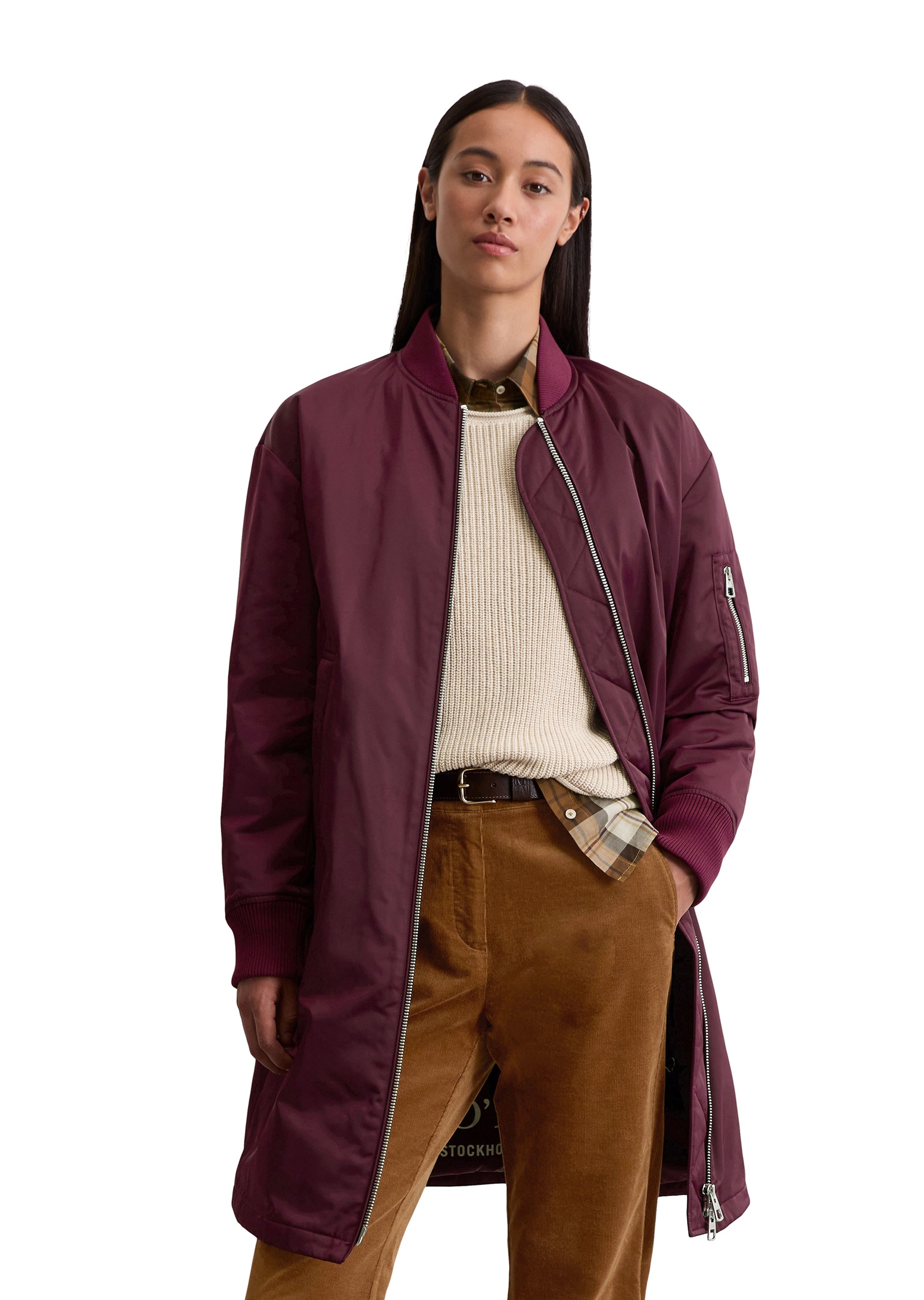 Kurzmantel MARC O'POLO "aus recyceltem Polyester-Twill", Damen, Gr. 34, lila (aubergine rot), Obermaterial: 100% Polyester, unifarben, regular fit, Strickbündchen, Mäntel Kurzmantel