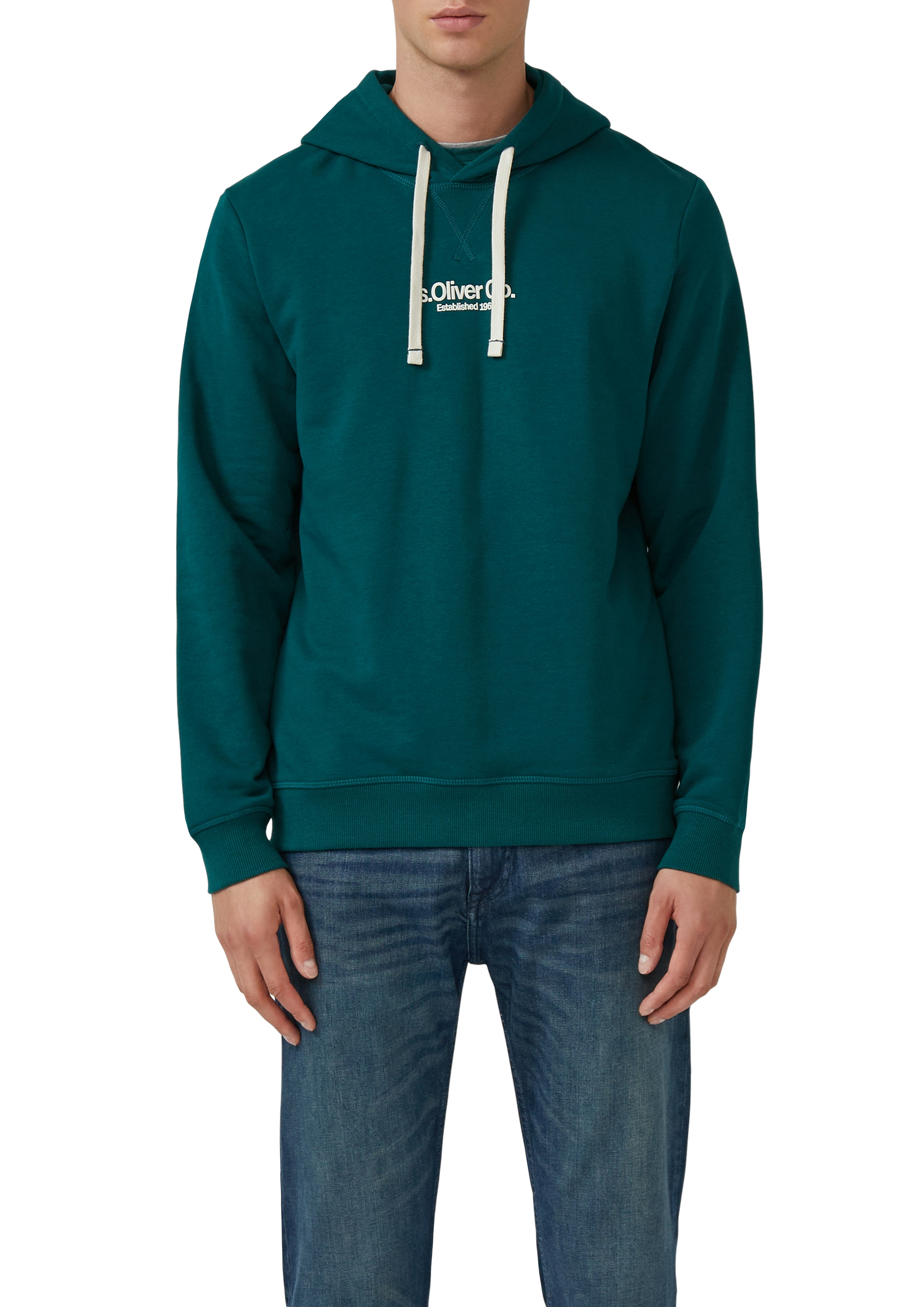 Hoodie S.OLIVER, Herren, Gr. XL, grün, Sweatware, Obermaterial: 70% Baumwolle, 30% Polyester, unifarben, Casual, regular fit normal, ohne Ausschnitt, Rippbündchen, Sweatshirts, mit Logo Schriftzug