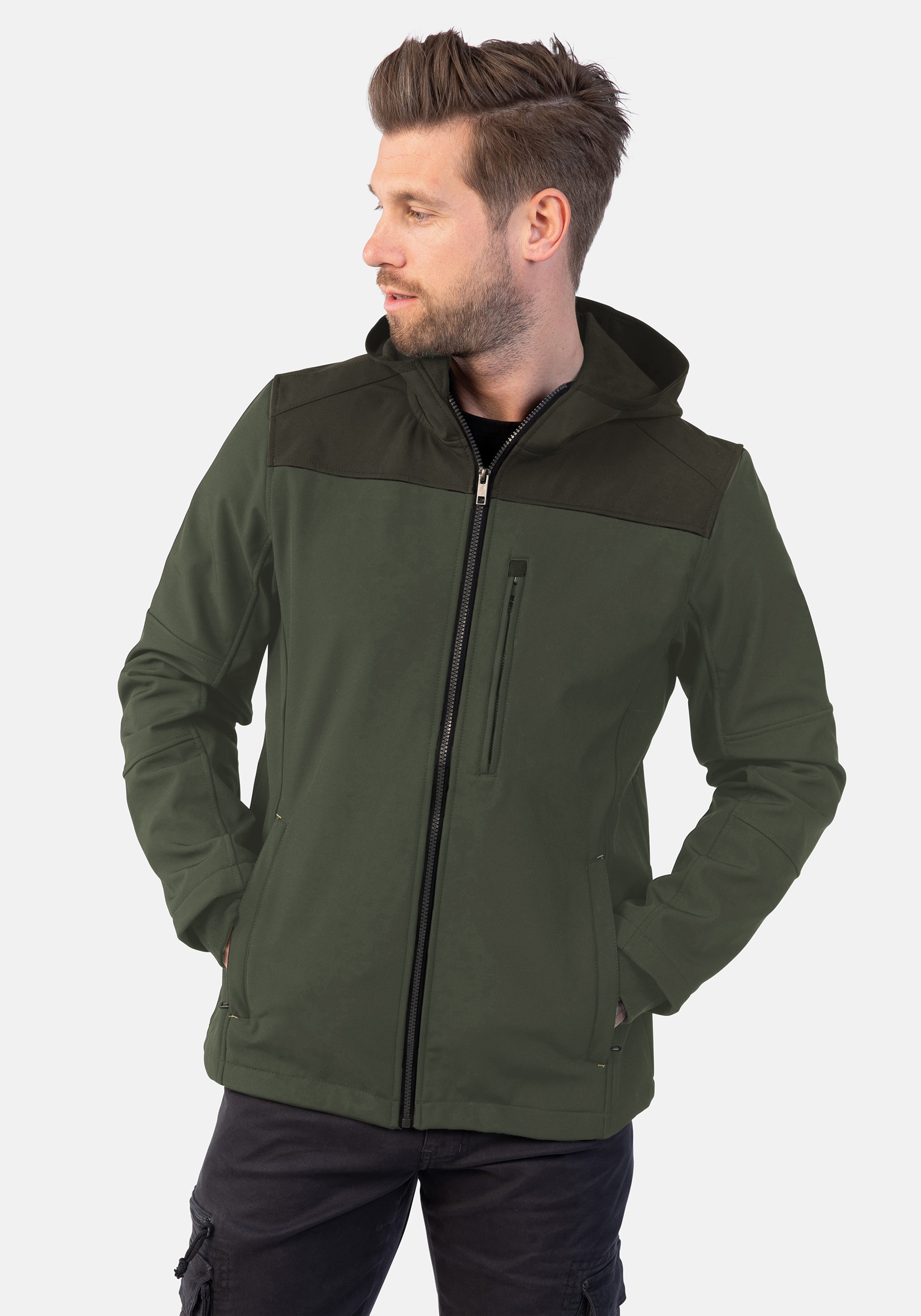 Softshelljacke HERO BY JOHN MEDOOX "JOEY Softshelljacke mit Fleecefutter", Herren, Gr. M, grün (grün col block), Softshell, 92% Polyester, 8% Elasthan, regular fit, Jacken Softshelljacke, Regular Fit Casual Softshell für Herren
