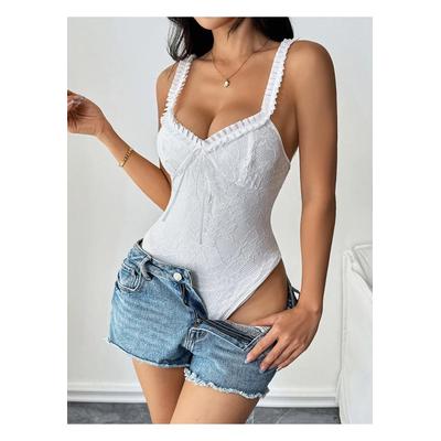 Bodysuit mit Ruschenriemen aus Spitze und Schleifendetail Image