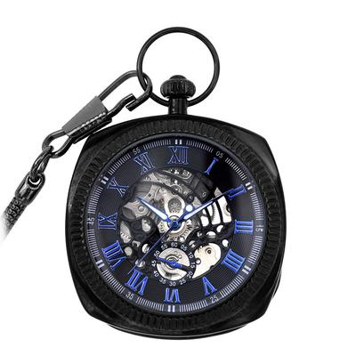 Mechanische schwarz-blaue Vintage-Skelett-Taschenuhr mit offenem Zifferblatt Image