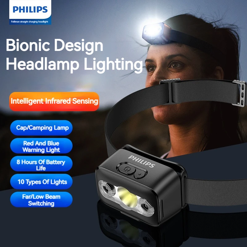 Philips LED-Stirnlampe, Sensorkopf-Taschenlampe, zehn Arten von Beleuchtung, wiederaufladbarer Typ-C-Scheinwerfer, Outdoor-Camping, Angeln, Laterne Image