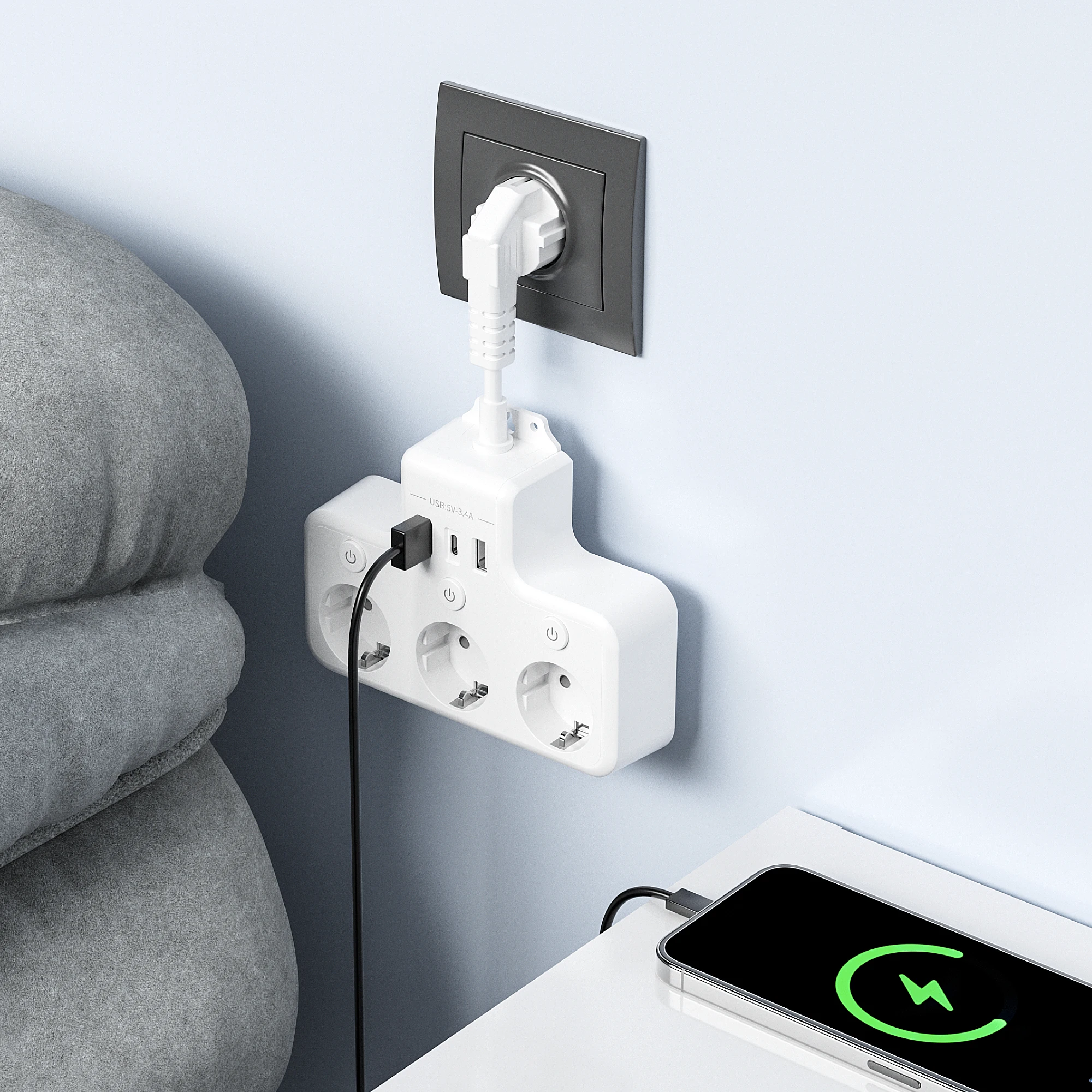 6-in-1-Steckdosenleiste mit mehreren Steckdosen und USB, 16-A-Hochleistungssteckdose, 3 unabhängige Schalter, an der Wand montierte Leistungsplatine, Multi-P Image