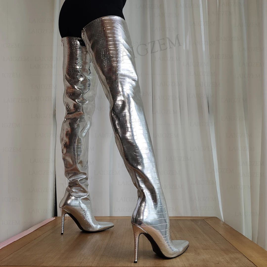 LAIGZEM Frauen Oberschenkel Hohe Stiefel Zurück Zip Up Stiletto High Heels Stiefel Krokodil Druck Schuhe Frau Botines Mujer Große Größe 38 45 47