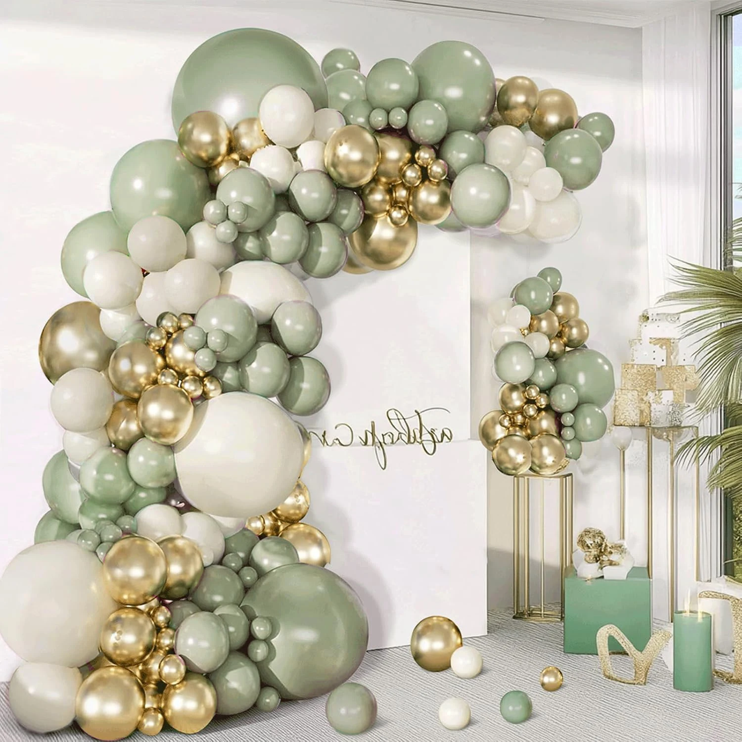 109-teiliges Latex-Ballon-Set in Grün, Sandweiß und Gold, geeignet für Geburtstagsfeiern, Hochzeiten, Partydekorationen zum Valentinstag Image