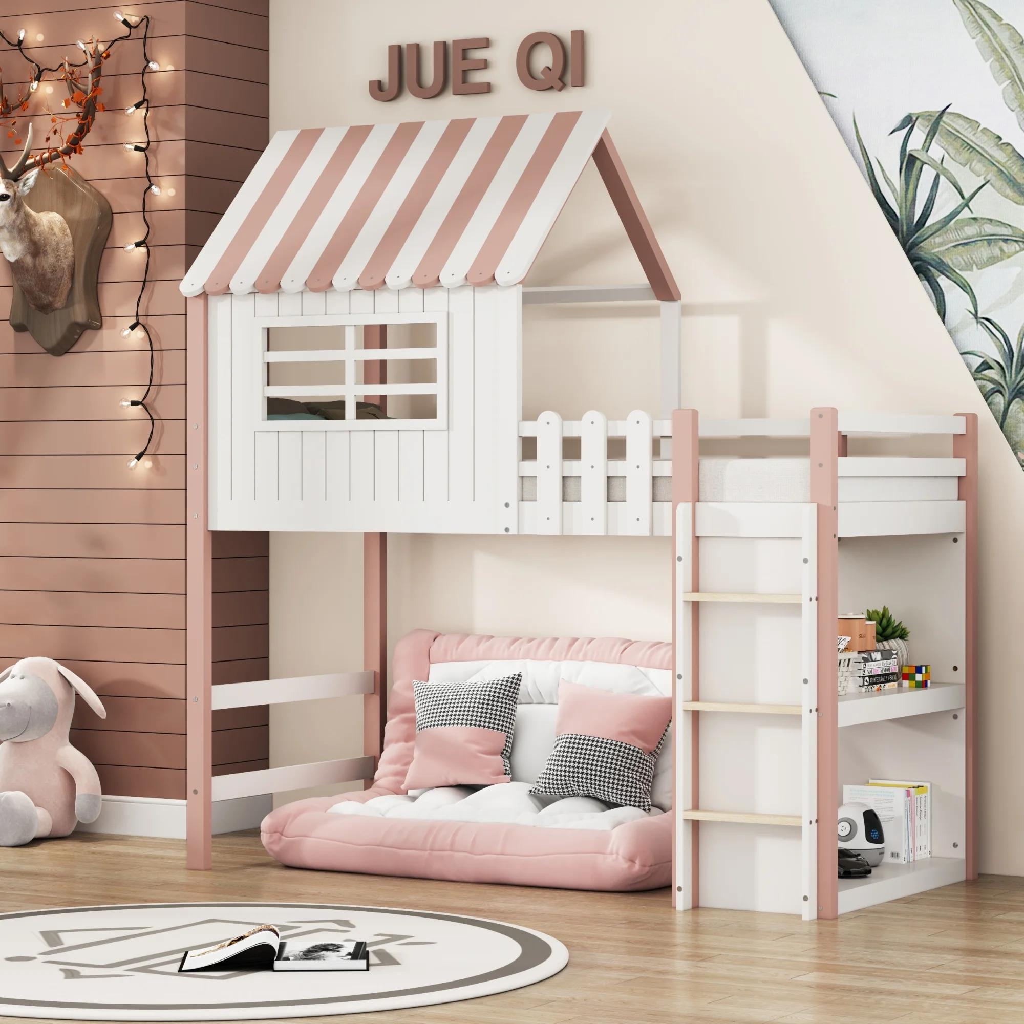 Kinderbett 90x200 cm mit Sicherheitsleiter, Ablagefach und Lattenrost Massivholzbett mit Lattenrost Image