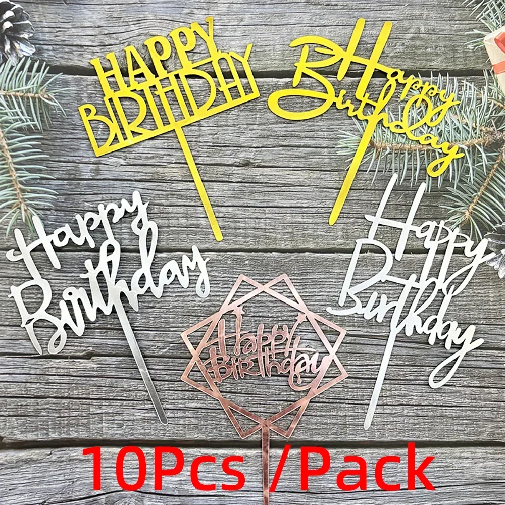 10 Stück Silber Gold Acryl alles Gute zum Geburtstag Kuchen Topper für Babyparty Party Dekorationen Cupcake Topper Jubiläumsfeier
