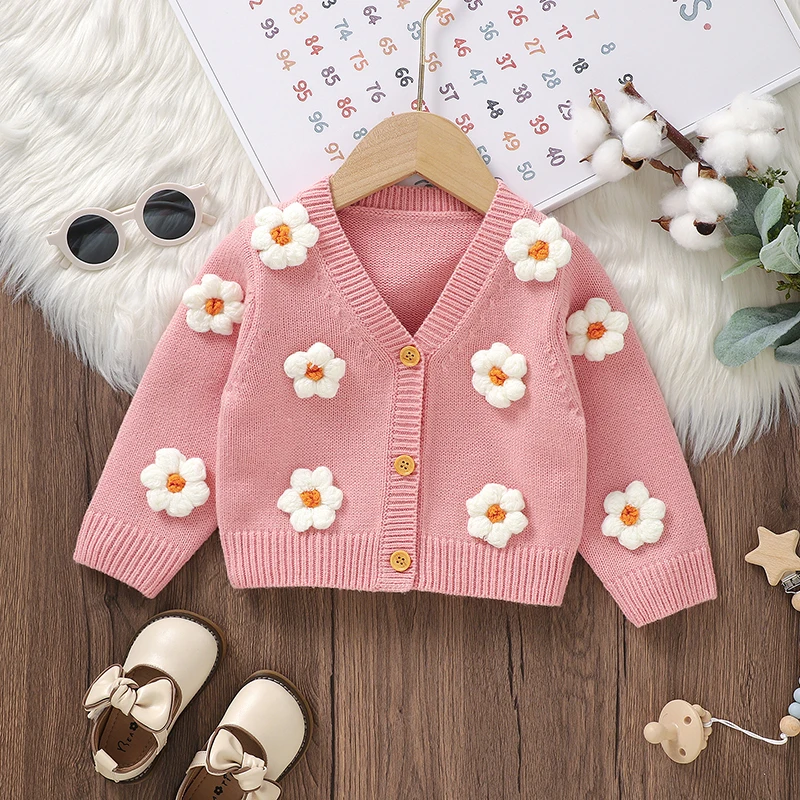 Baby Pullover Stricken Infant Junge Mädchen Strickjacke Mode Nette 3D Blumen Neugeborenen Oberbekleidung Kind Kleidung Langarm Frühling Herbst Tops Image