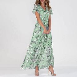 Damen Blumenmuster Midi Kleid Modisches V-Ausschnitt Kurzarm Cocktailkleid Für den Außenbereich Urlaub oder Teeparty