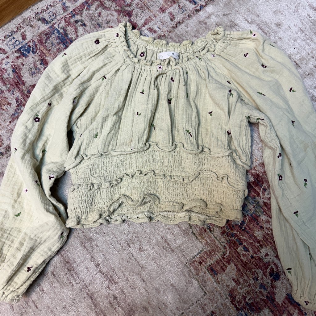 Zara Shirts & Tops | Zara Kids Girls Light Green Long Sleeve Crop Top Size 10 In Very Good Shape! | Color: Green/Pink | Size: 10g