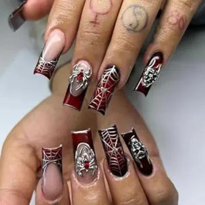 Press on Nails Long Square Fake Nails Dark Black Red Glue ons Nails Metallic Spider Skull Charm Design Halloween Acrylic Nails 24Pcs Luxury Goth Squoval False Nails