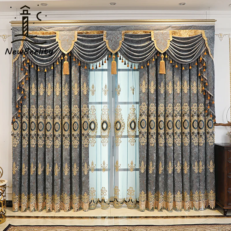 Europäische Luxus bestickte Chenille-Verdunkelungsvorhänge für Wohnzimmer, Schlafzimmer, Esszimmer, Volant, individuelle Größe, Dekoration, Vorhänge Image
