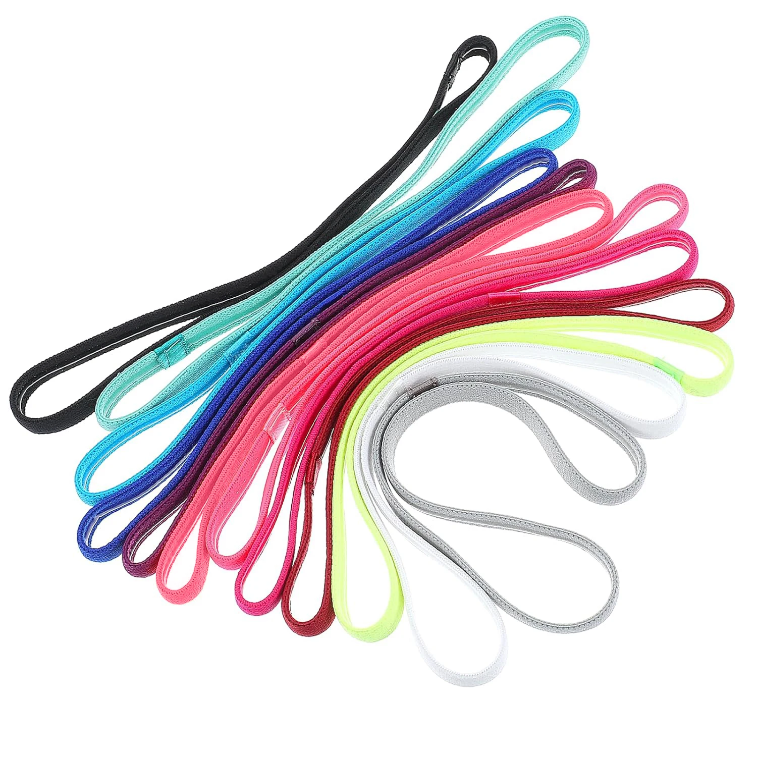 12 Stück dünne elastische Stirnbänder, rutschfeste Sport-Schweißbänder für Laufen, Fußball, Basketball, Radfahren, Training, Fitnessstudio, Tennis, Wandern, Volleyb Image