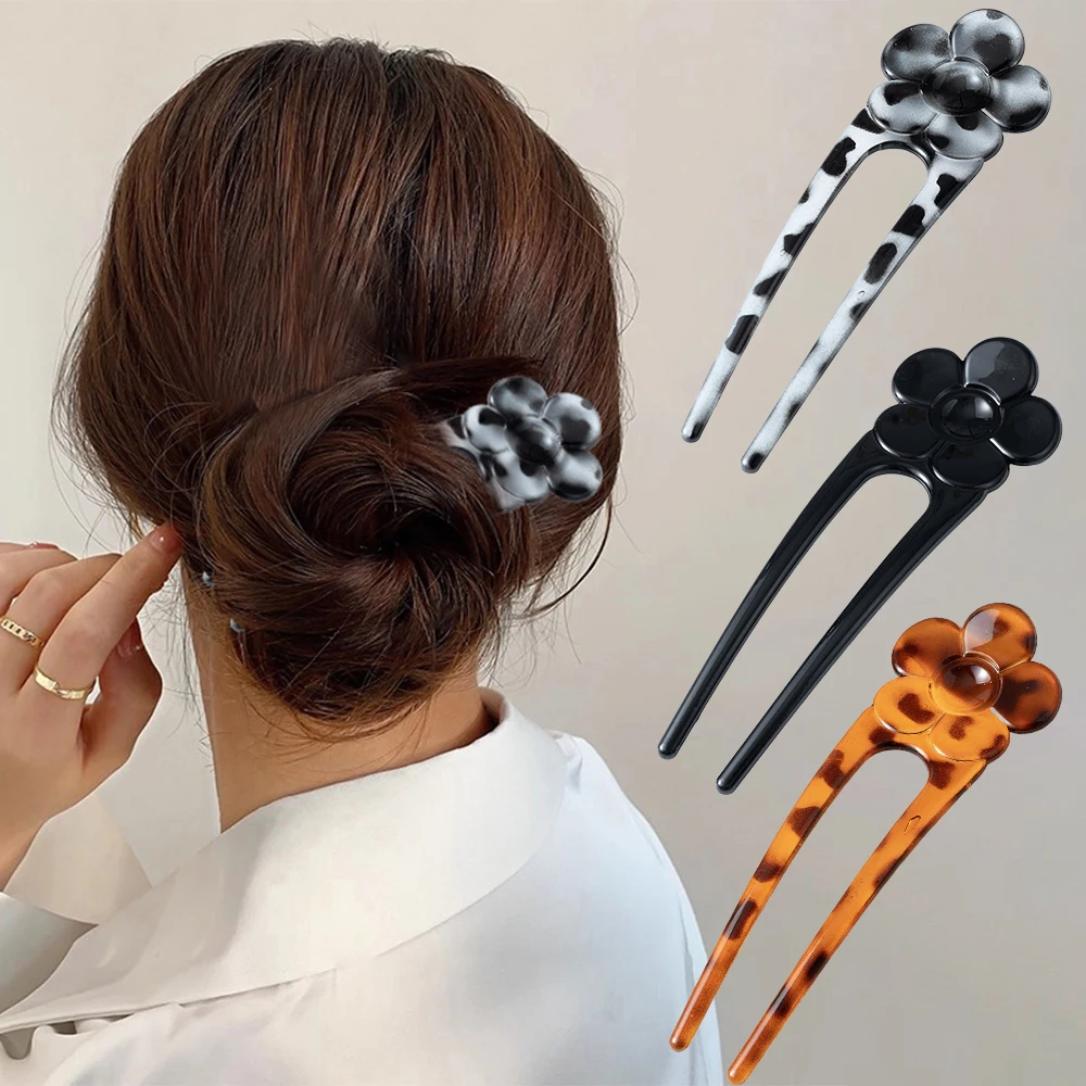 Acryl Blume U Form Haar Stick Haarnadel Haar Gabeln Frauen Kopfbedeckungen Haar Clips Mode Frisur Mädchen Pferdeschwanz Haar Zubehör Image
