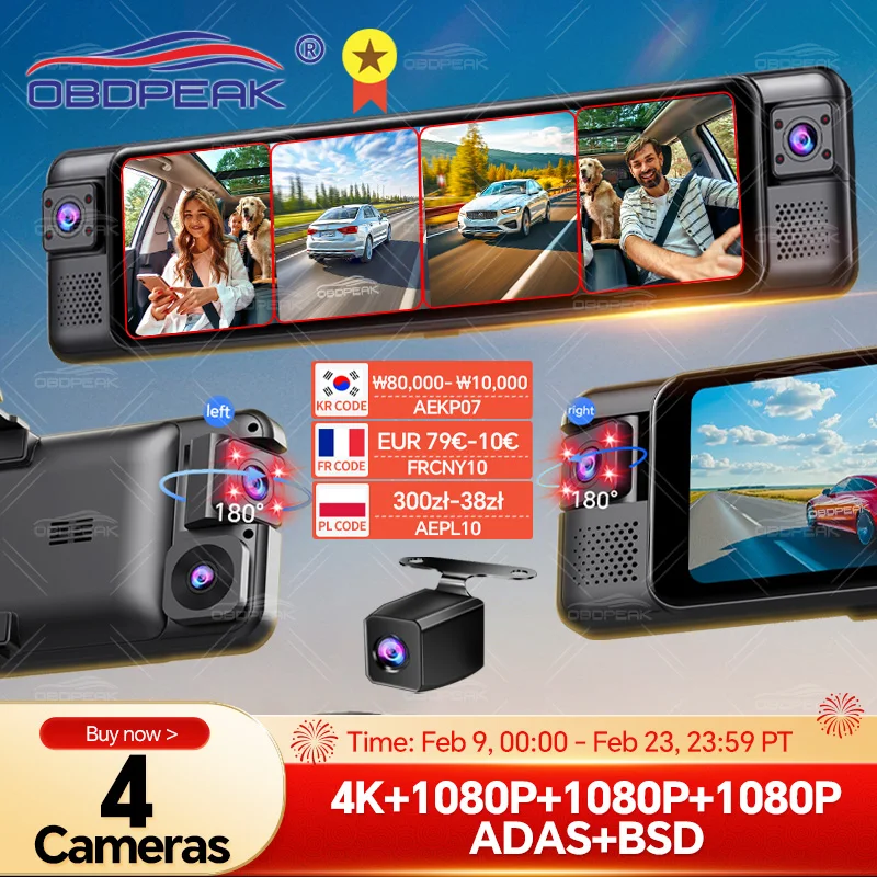 D80 4-Kanal 360 ° 4K Dash Cam ADAS BSD Rückspiegel Kamera Vorne Hinten Links Rechts WIFI Nachtsicht 24H Park MonitorCar DVR Image