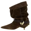 Vintage Wildleder Harness Slouchy Booties Spitzschuh Slip On Cone Heel Stiefeletten Braun Schwarz Damenschuhe