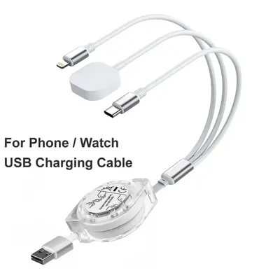 Multi Charging Cable with Apple Watch Charger - Retractable Portable Fast Charging Cord with Lightning/Type C/iWatch for iPhone