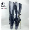 18 cm Stiletto-Absatz, schwarz, abschließbare Vorhängeschlösser, mittelhohe Ballettstiefel, sexy Fetisch-Damenschuhe, helles Leder, Stiefel mit ultrahohem Absatz