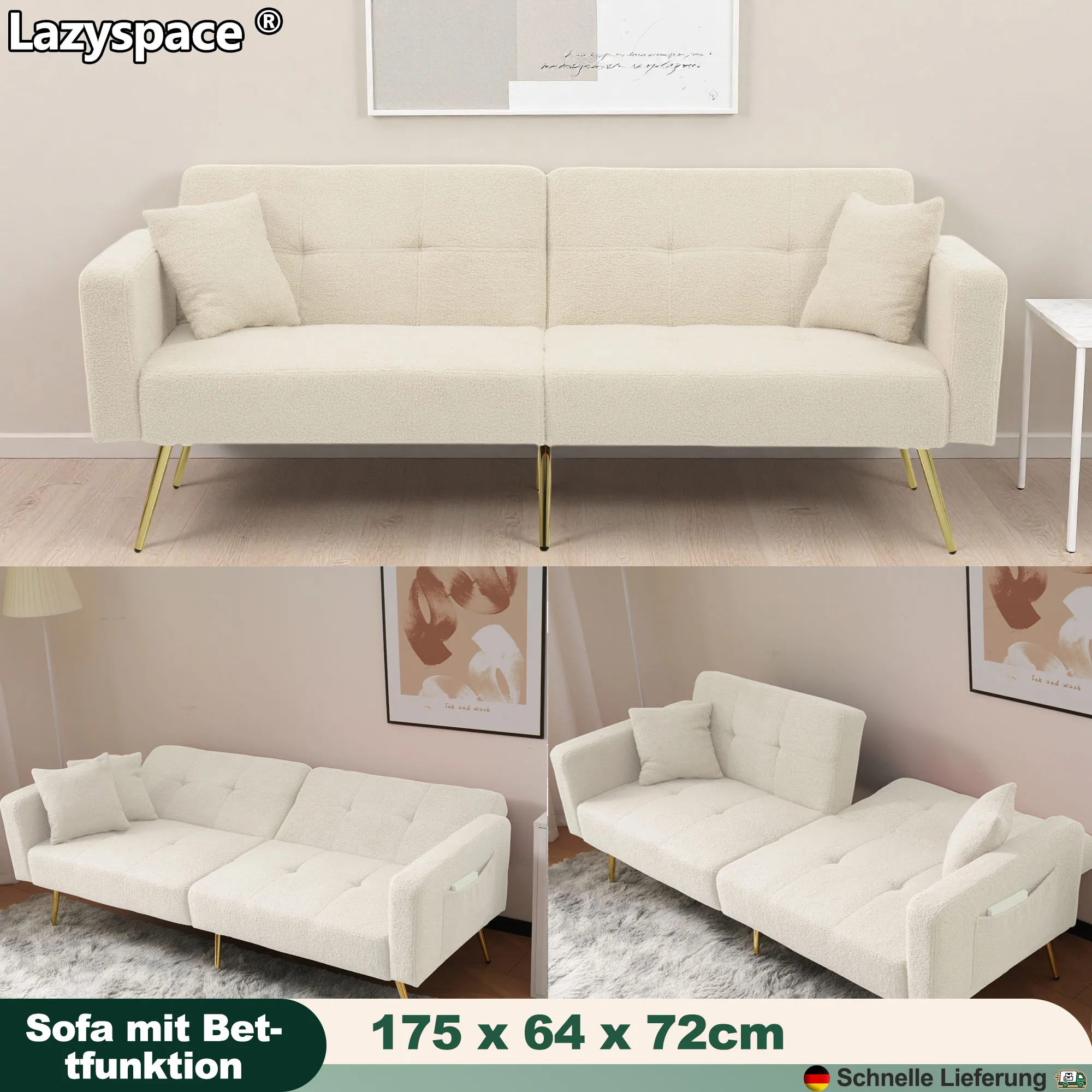 Lazyspace Samt-Wohnzimmersofa mit Bettfunktion, verstellbare Winkelrückenlehne, modernes Schlafsofa mit Kissen und Seitentaschen Image