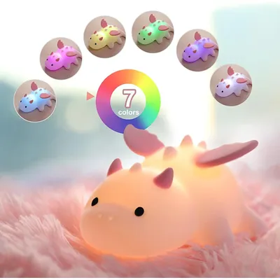 7 Colors Dragon Night Light for Kids, Rechargeable Silicone Night Lights with Magnetic Base & Timer, Dimmable Bedside Lamp Gift