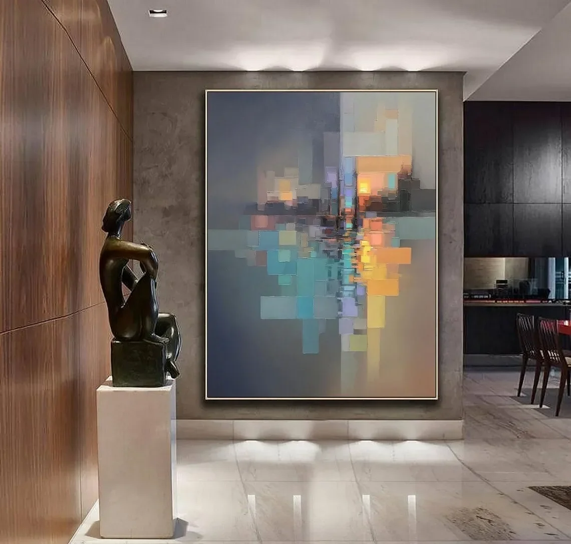 Buntes Ölgemälde, handgemalt auf Leinwand, strukturierte Landschaft, großes Gemälde, modernes handgefertigtes Wohnzimmer, Wandkunst, Dekor, Pos Image