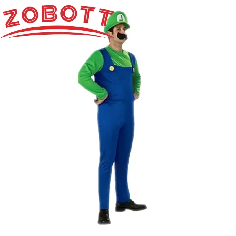 Super Luigi Cosplay Kostüm Erwachsene Overall Bart Hut Männer und Frauen SetHalloween Kostüm Image