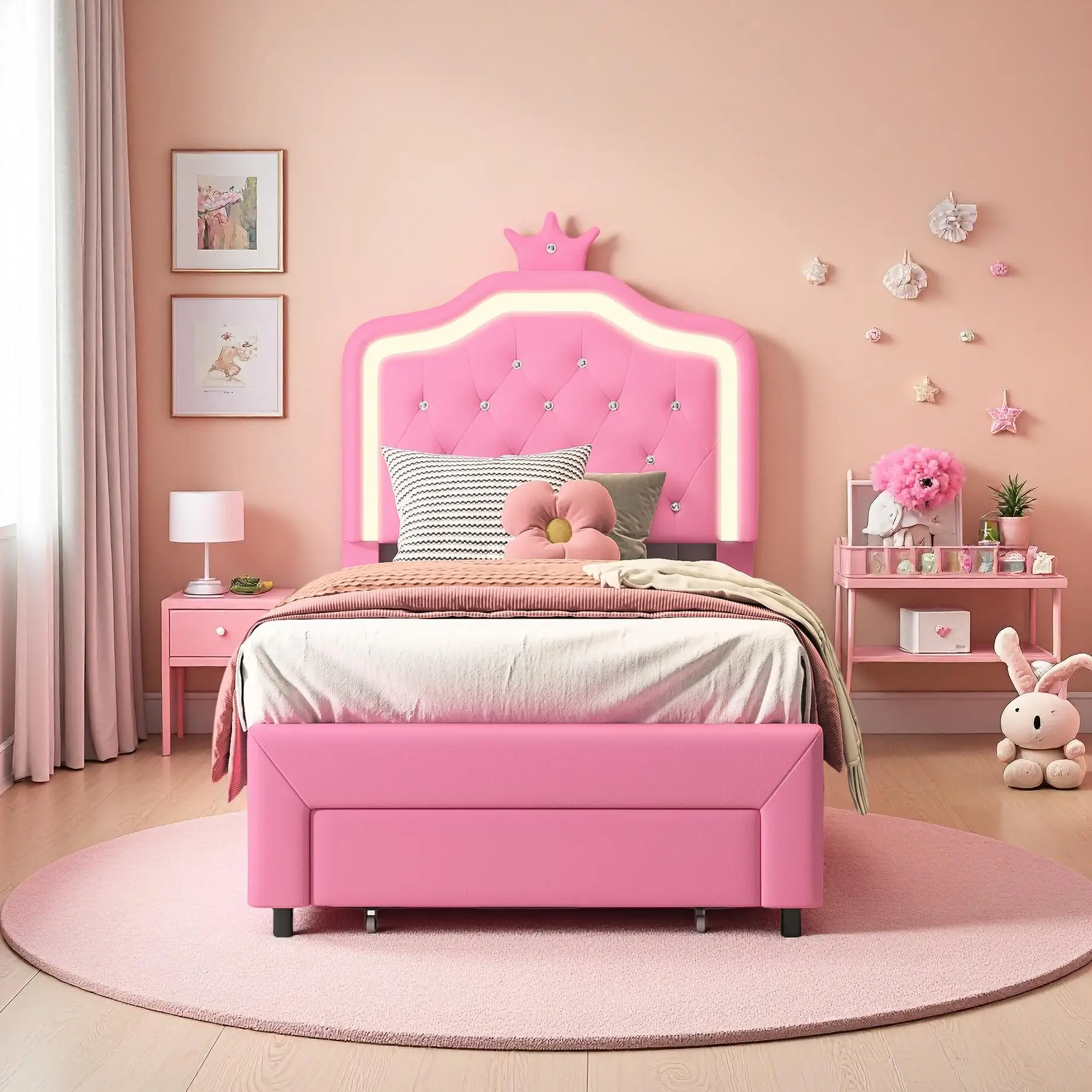 Rosahqnda Kinderbett, LED-Lichtleiste, Polsterbett mit Schubladen, Mädchenbett, Jugendbett, Stauraumbett, Bettgestell, PU Image