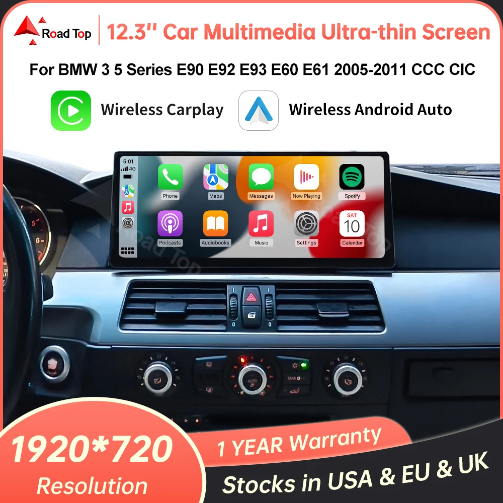 Display multimediale per auto con schermo ultrasottile da 12.3 '' per BMW Serie 3 E90 E91 E92 E93 Serie 5 E60 E61 Wireless CarPlay Android Auto