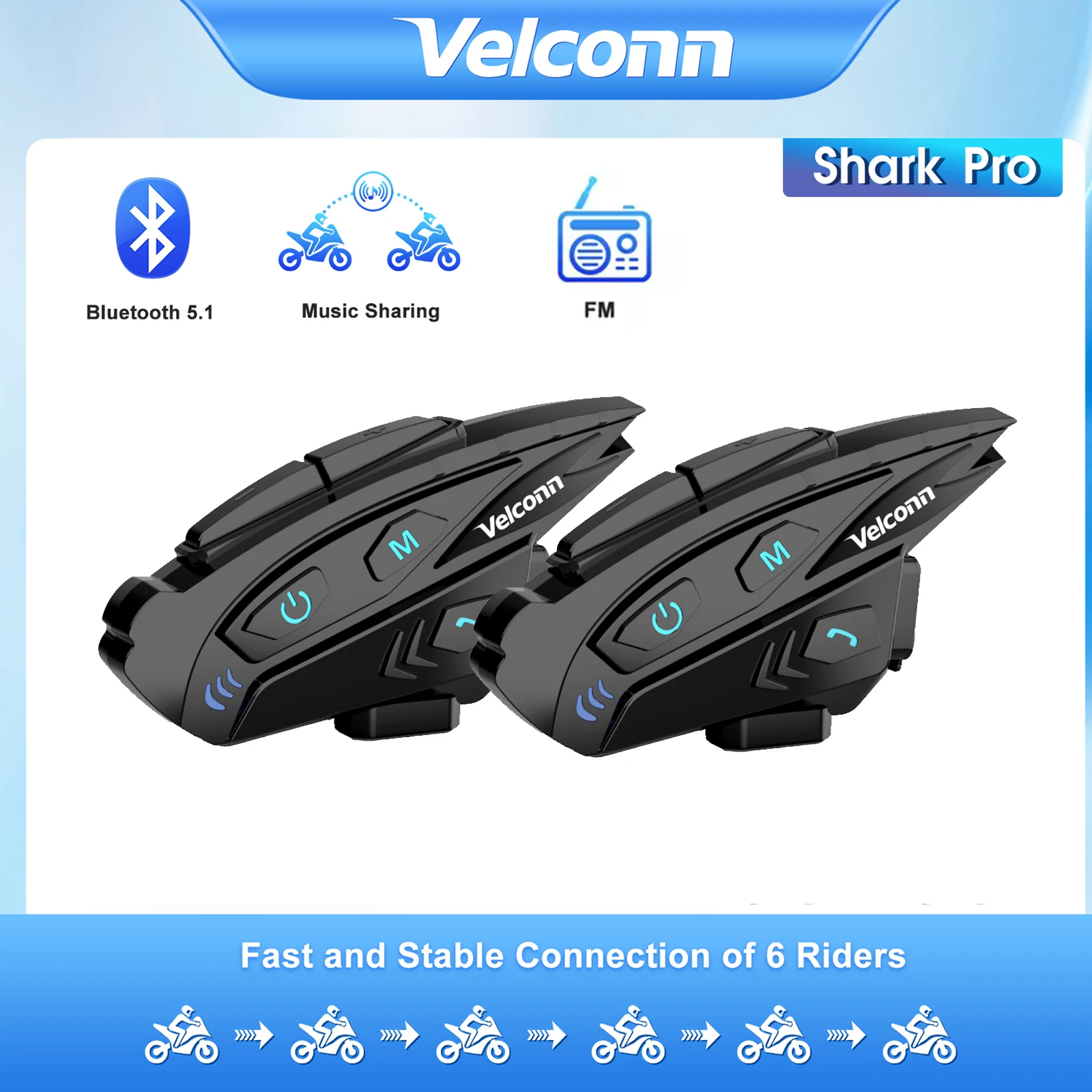 Velconn Shark Pro Interfono per moto Casco per condivisione di musica Auricolare Bluetooth 6 ciclisti Interfono Full Duplex da 2 km Radio FM IP65