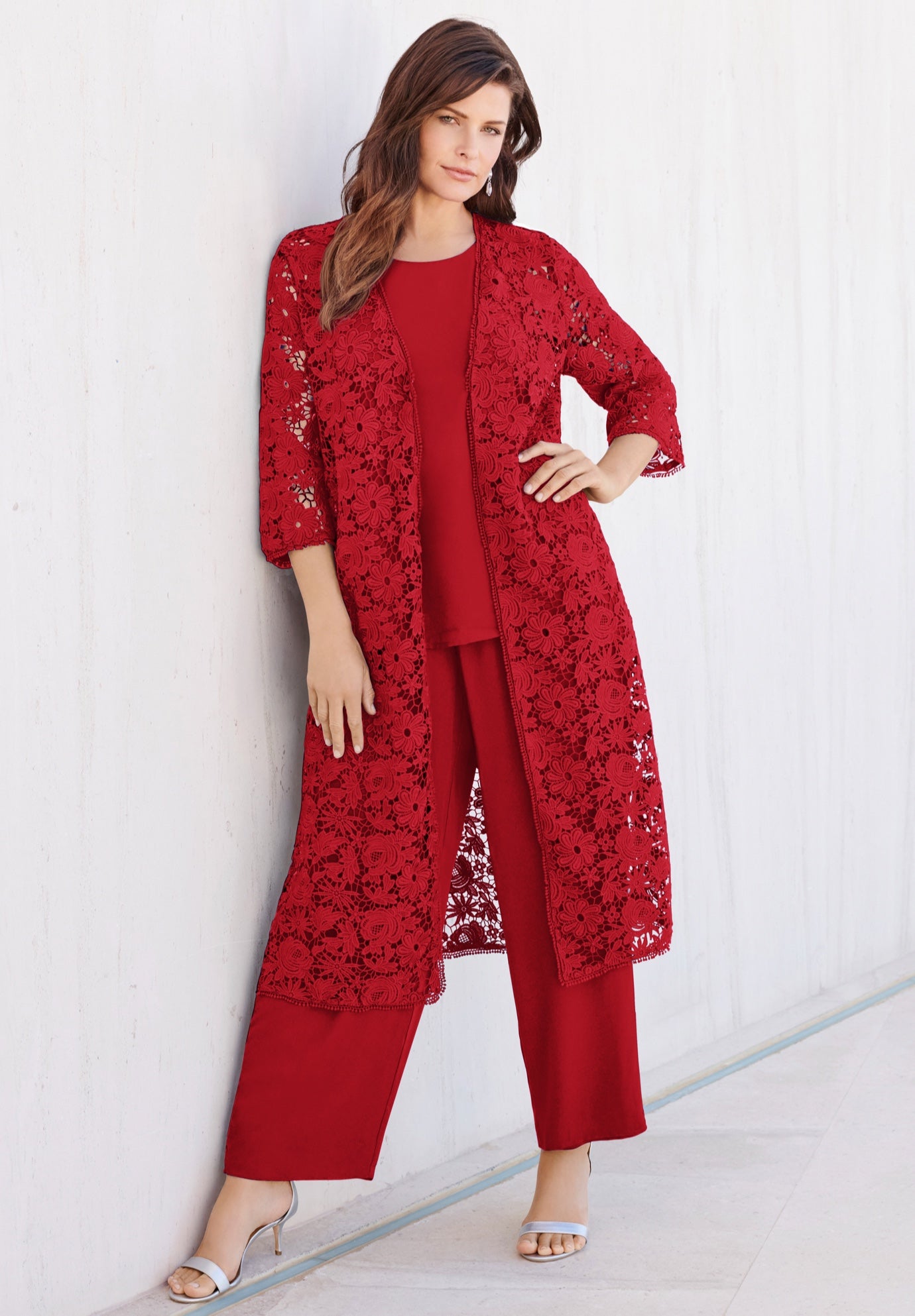 Plus Size Women's Plus Size 3-Piece Allover Lace Duster Pant Set - Formal Wear by Roaman's in Classic Red (Size 28 W) Duster, Tank, Formal Evening Wi