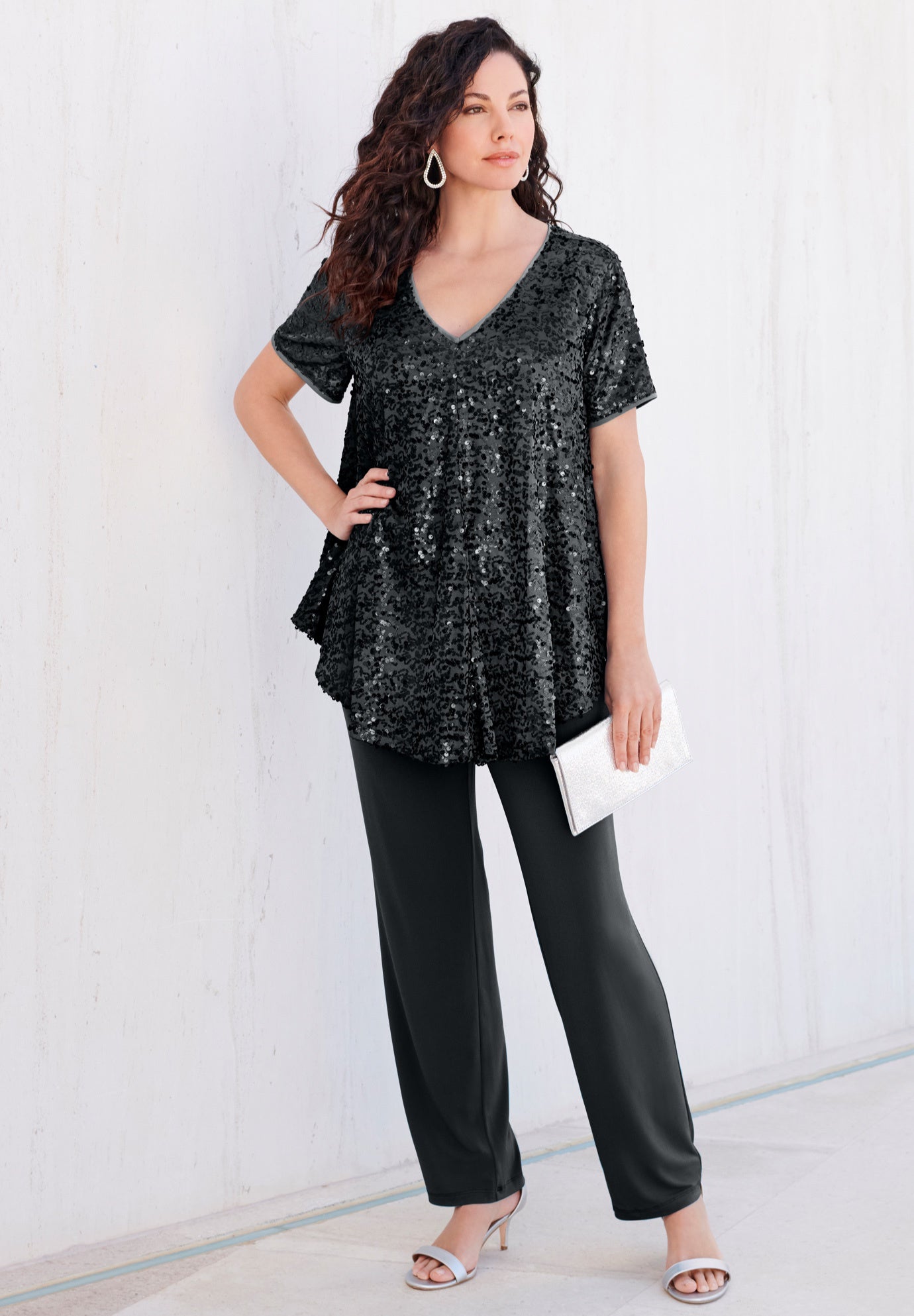 Plus Size Women's Plus-Size 2 Piece S/S Sequin Top and Pant Set by Roaman's in Black (Size 16 W)