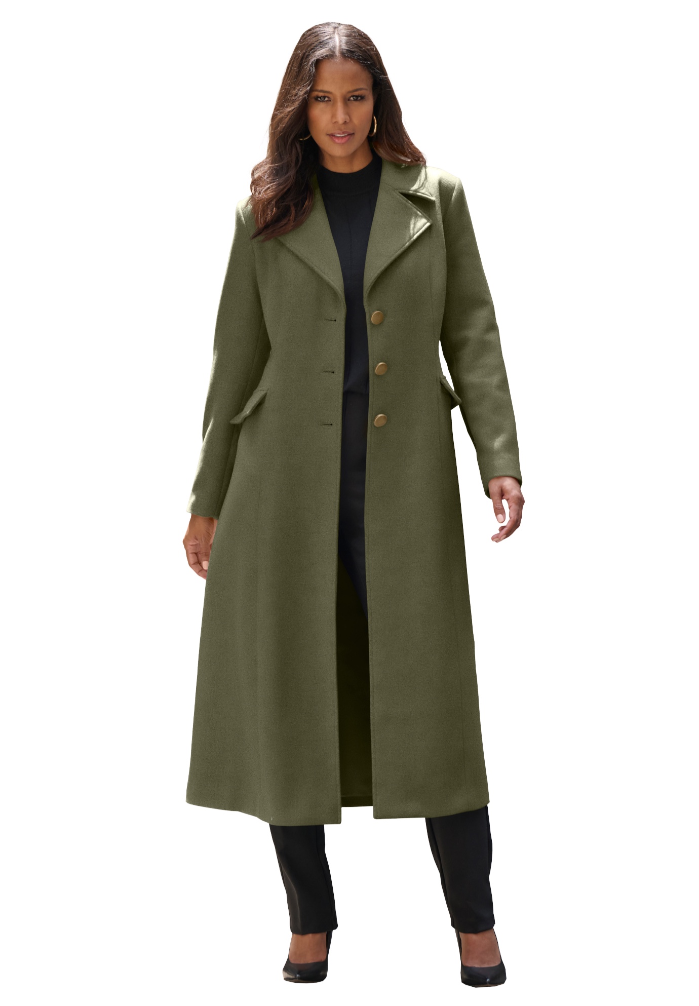 Plus Size Women's Plus Size Long Tailored Wool Blend Coat by Roaman's in Dark Olive Green (Size 40 W) Winter Classic