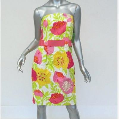 Lilly Pulitzer Dresses | Lilly Pulitzer Dress Vanessa Floral Printed Jacquard Size 2 Strapless Dress | Color: Green/Pink | Size: 2