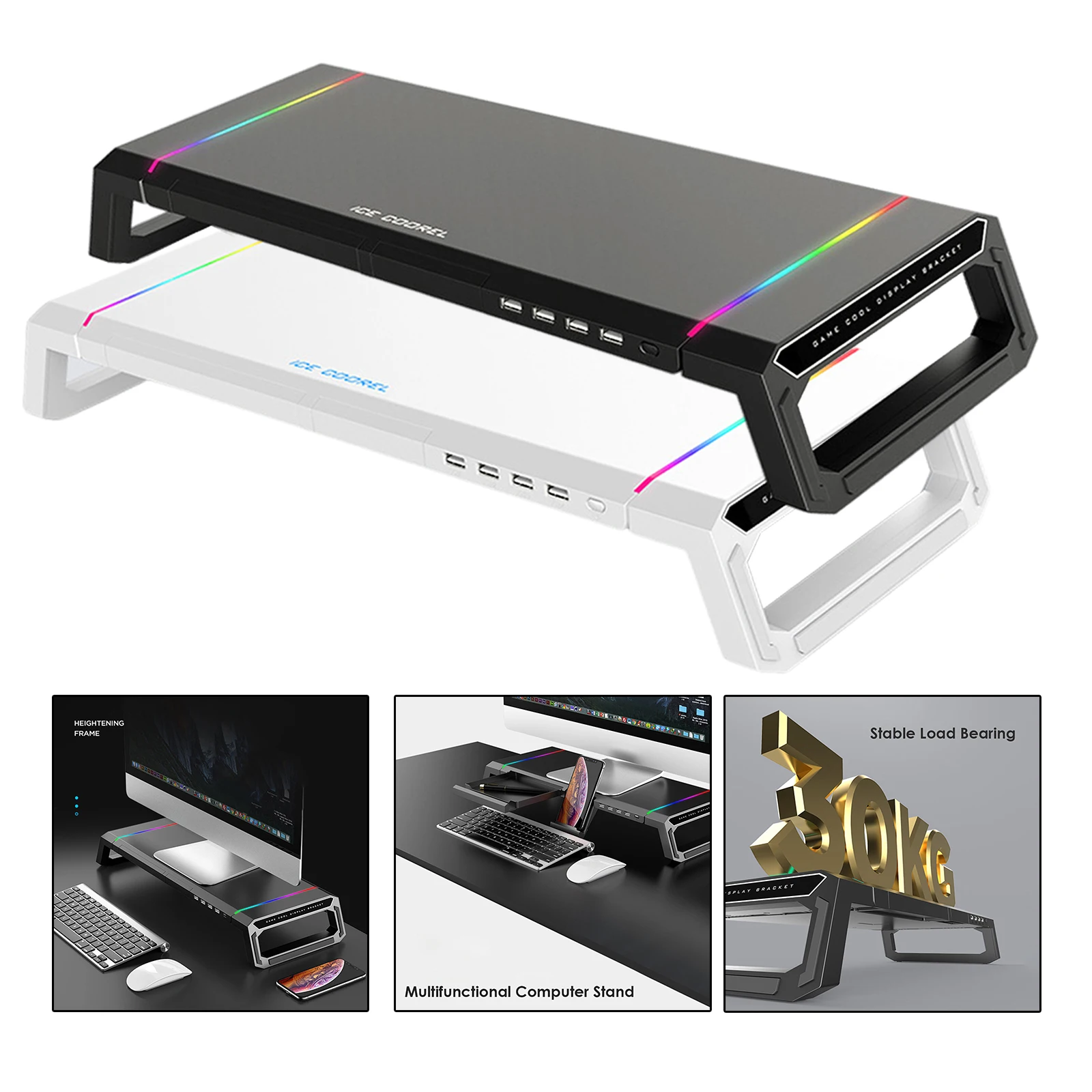 Aluminium RGB Monitorständer Riser Halterung mit 4 USB-Anschlüssen Schreibtisch Organizer All-In-One Computer Laptop Höhenständer Halter Image